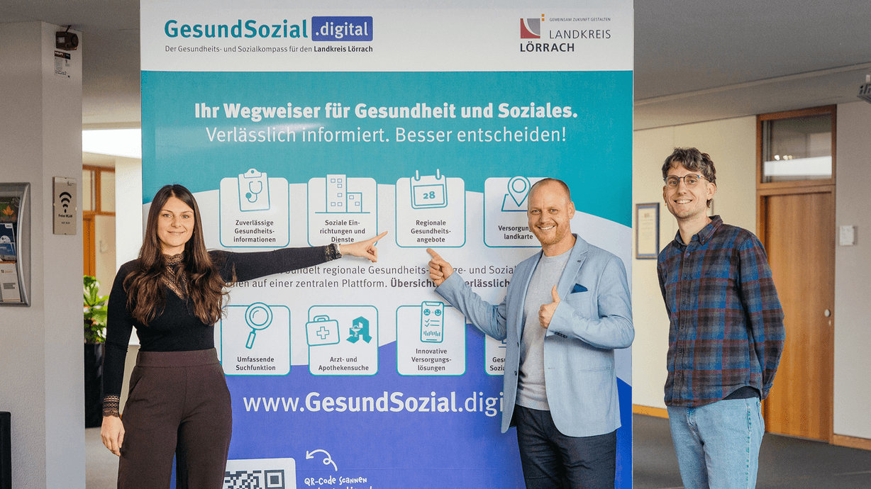Isabell Dörflinger, Carlo Wolf und Oli Lou Kramer werben für den digitalen Gesundheits- und Sozialkompass.