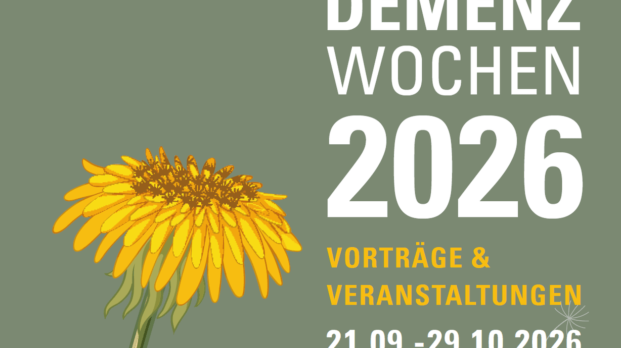 Gelbe Blüte vor grünem Hintergrund. Rechts steht in großen weißen Buchstaben „Demenzwochen 2026“.